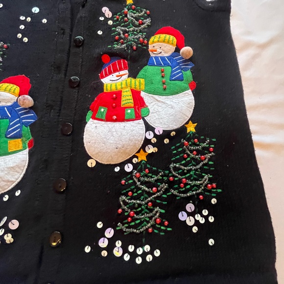 Kim Rogers Black Sequin Snowman Holiday Cardigan Vest - Picture 3 of 5